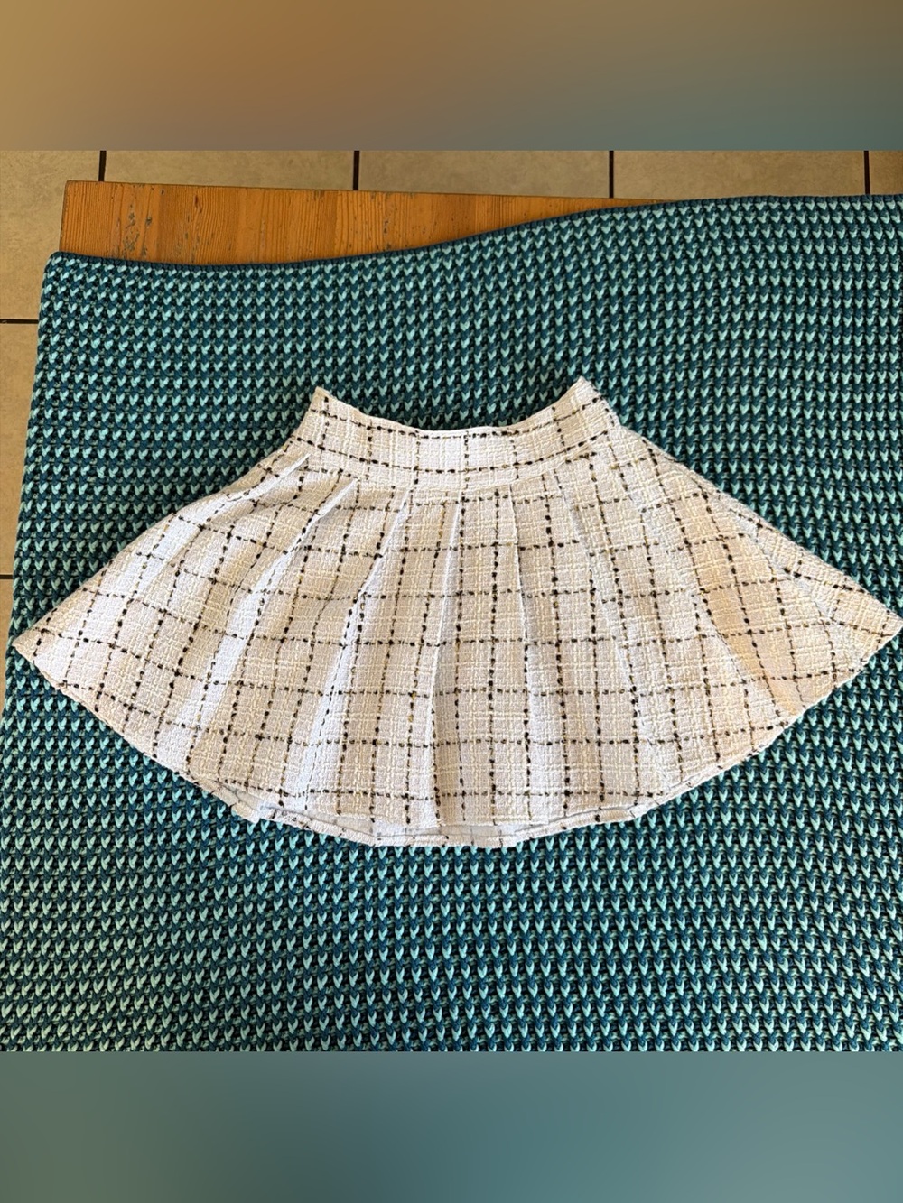 Textured Cream Plaid Mini Skirt with High Waist